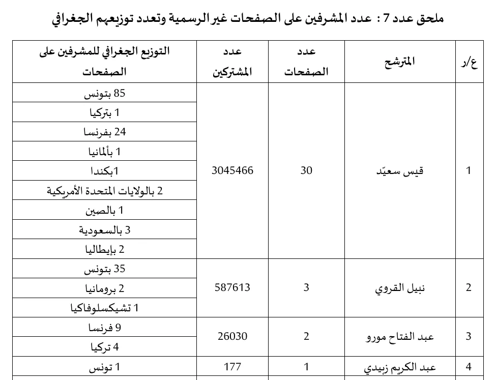تقرير محكمة المحاسبات حول انتخابات 2019، الملحق 7: الصفحات غير الرسمية وتوزيع مشرفيها